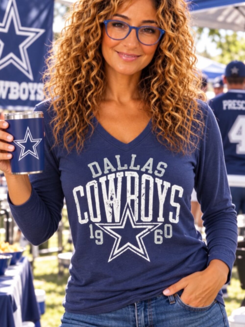 L Women's Dallas Cowboys Shirt NFL Football Top Sports Fan Apparel V Neck Blue